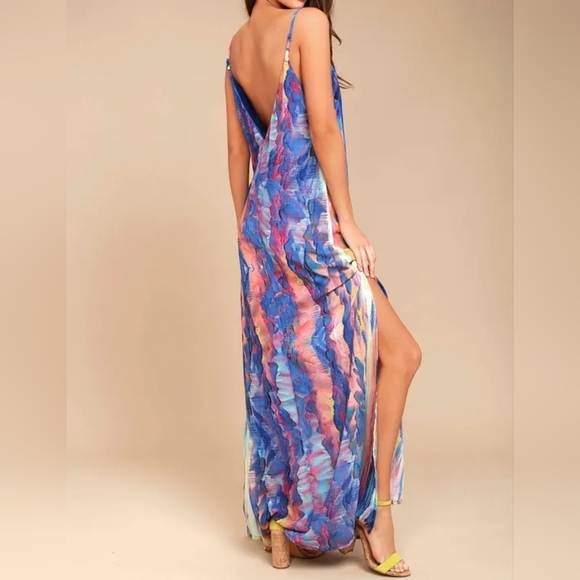 Lulus Flying Watercolors Royal Blue Watercolor Print Sheath Maxi Dress, Size XS - Picture 3 of 13
